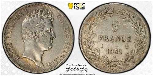 1831年-I フランス 5フラン、リモージュ、ルイ・フィリップ1世 - PCGS VF 詳細