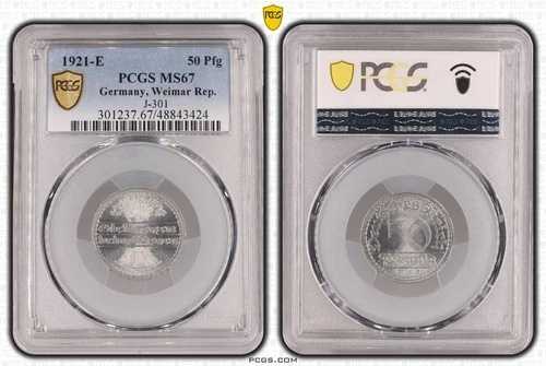 ワイマール代表 50 フェニヒ 1921 E J-301 MS67 UNC 112379-