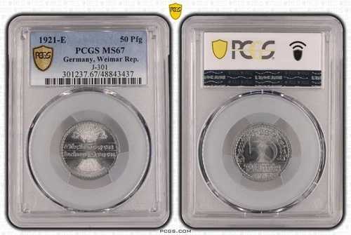ワイマール代表 50 フェニヒ 1921 E J-301 MS67 UNC 112370-