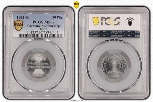 ワイマール代表 50 フェニヒ 1921 E J-301 MS67 UNC 112392-