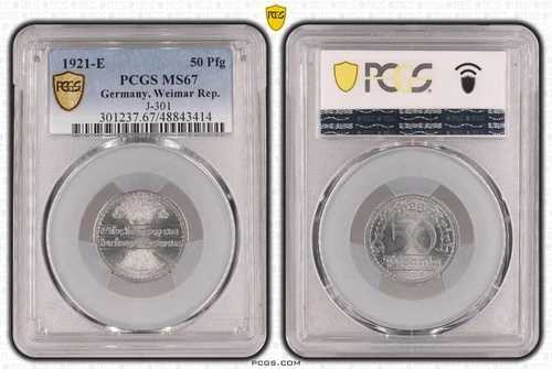 ワイマール代表 50 フェニヒ 1921 E J-301 MS67 UNC 112394-
