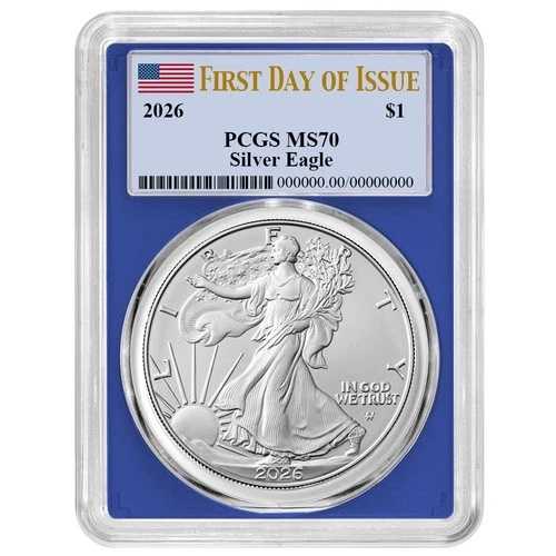 2026年 1ドル アメリカン シルバー イーグル PCGS MS70 FDOI 旗ラベル ブルーフレーム