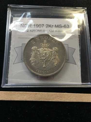 1907年ノルウェー、2クローネコインマートグレード**MS-63** KM#365