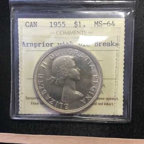 1955年 アーンプライア・ダイ・ブレイクス、ICCSグレードカナダ銀貨 **MS-64** XNL 311