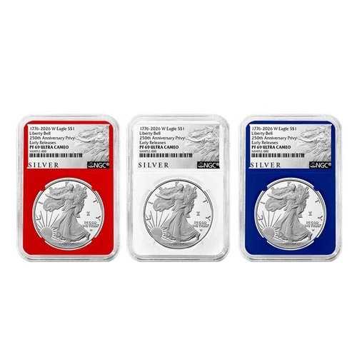 プレセール - 2026-W プルーフ $1 アメリカン シルバー イーグル 3枚セット NGC PF69UC ER ALS ラベル 112,750円