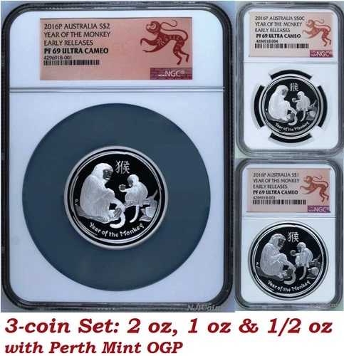 2016年 P オーストラリア プルーフ シルバー 3枚セット 申年 NGC PF 69 ER