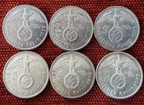 ユニーク 6 x フルミントセット 5 ライヒスマルク 1938 ナチス銀貨 AU ロット 2