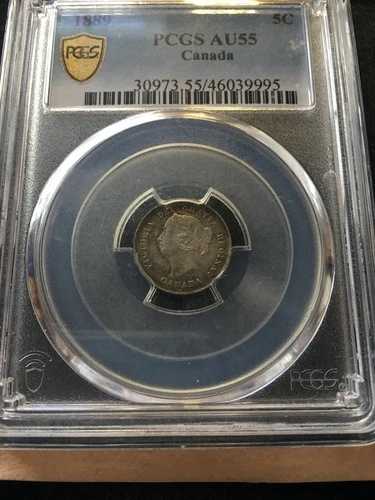 1889年 PCGS認定カナダ製、小型銀貨 ?5 5セント、**AU-55** 154,000円