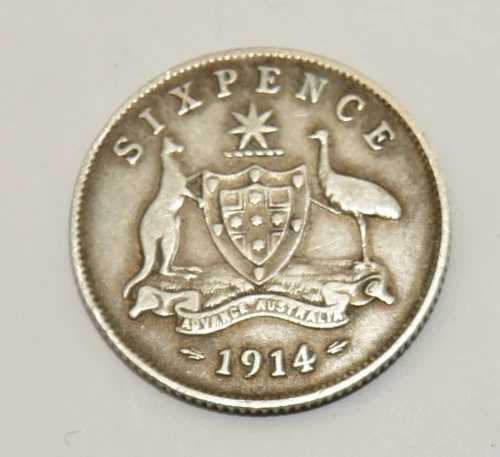 1914年製オーストラリア産シルバー6ペンス、ジョージ5世 0.9 シルバー（コレクターグレード）