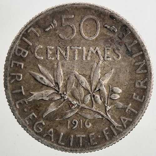 1916 フランス 50 サンタイム銀貨 |ファインコレクタブルグレード