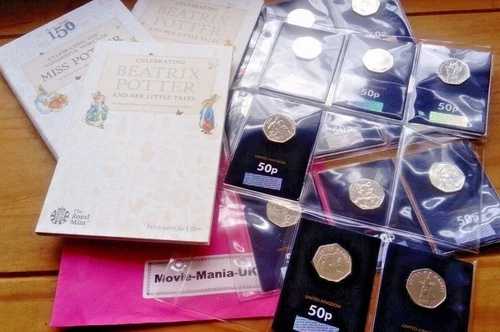 * ビアトリクス ポター 50 ペンス コイン セット、これまでのすべてのコイン、ピーター ラビットの 5 年間。