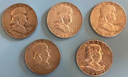 フランクリンシルバーハーフダラーセット、1954-D、1957-D、1958、1958-D、1959、銀90%