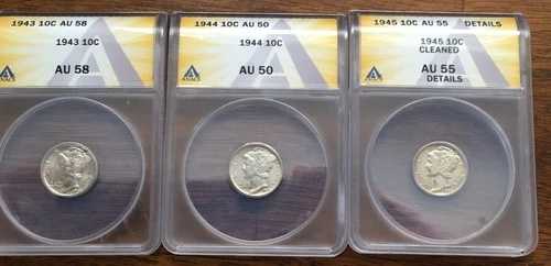 1943 AU58 1944 AU50 1945 AU55 マーキュリー銀貨3枚セット ANACS認証
