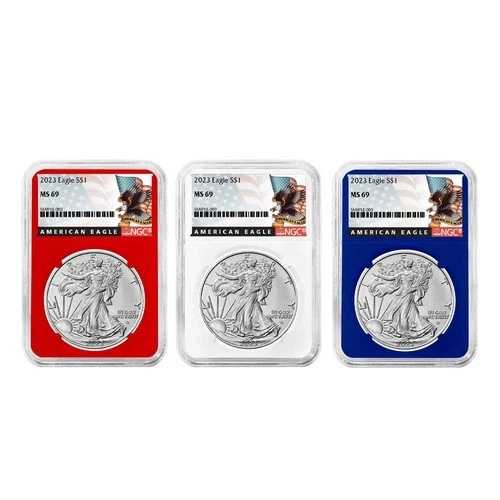2023年 1ドル アメリカン シルバー イーグル 3枚セット NGC MS69 ブラックラベル レッド ホワイト ブルー