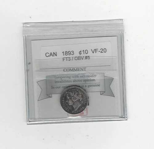 1893年 フラットトップ3 / 表面#5、コインマート鑑定済みカナダ貨幣、10セント、**VF-20**