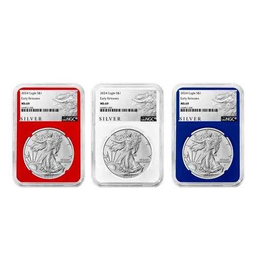 3枚セット - 2024年 1ドル 1オンス アメリカン シルバー イーグル NGC MS69 ER ALS ラベル レッド ホワイト