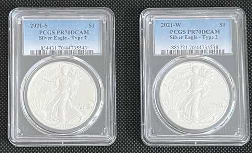 2021 WアンドS プルーフ シルバーイーグル PCGS PR70DCAM タイプ2 (2コインセット)-