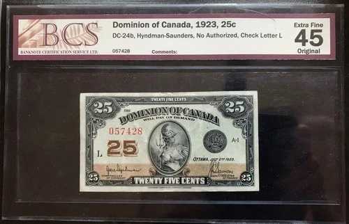1923 年 カナダ自治領 25 セント ハインドマン サンダース DC-24b EF-45 - 非認可...