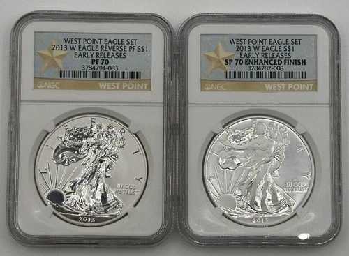 2013 W リバース PF シルバー イーグル NGC PF70 & エンハンスト SP70 2 コイン ウェストポイント セット*SC