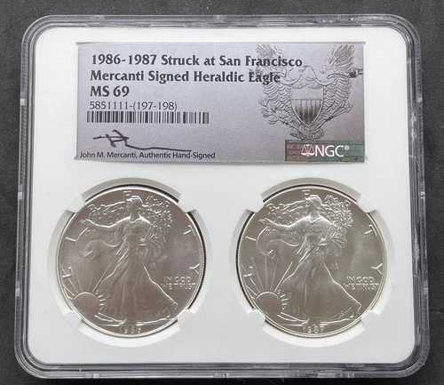 1986-1987 シルバーイーグル 2枚セット NGC MS 69 メルカンティ サイン入り - サンフランシスコ造幣局発行
