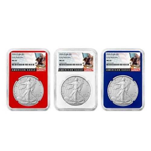 2026年 1ドル アメリカン シルバー イーグル 3枚セット NGC MS69 ER ブラックラベル レッド ホワイト ブルー