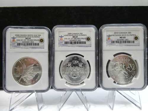 セット3 カナダ バンクーバーオリンピック 2008 /09 /10 .999 1オンス $5 シルバー NGC MS69 F87