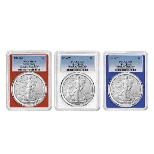 3点セット - 2026 (W) $1 1オンス アメリカン シルバー イーグル PCGS MS69 ブルーラベル レッド ホワイト