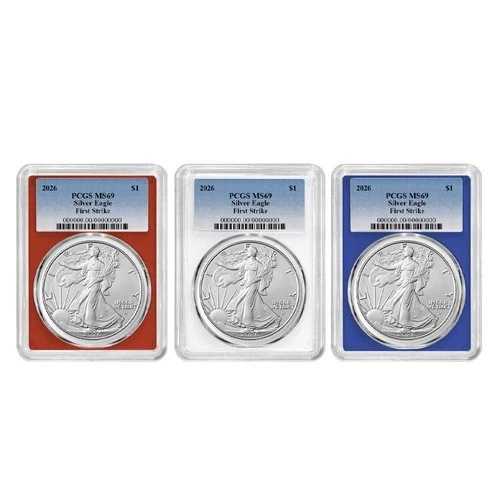2026年 1ドル アメリカン シルバー イーグル 3枚セット PCGS MS69 FS ブルーラベル レッド ホワイト ブルー