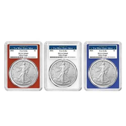 2026年 1ドル アメリカン シルバー イーグル 3枚セット PCGS MS69 FS ウェストポイント ラベル レッド ホワイト