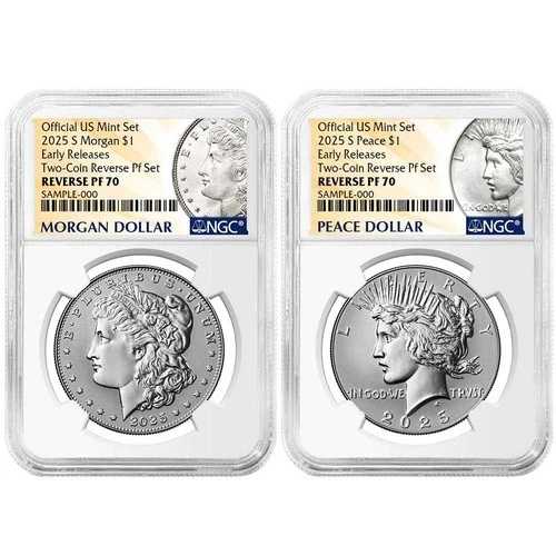 2枚セット - 2025-S リバースプルーフ $1 モルガン＆ピース シルバーダラー NGC PF70 ER