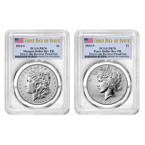 2枚セット - 2024-S リバースプルーフ $1 モルガン＆ピース シルバーダラー PCGS PR70 FDOI