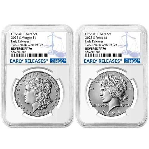 2枚セット - 2025-S リバースプルーフ $1 モルガン&ピース シルバーダラー NGC PF70 ER
