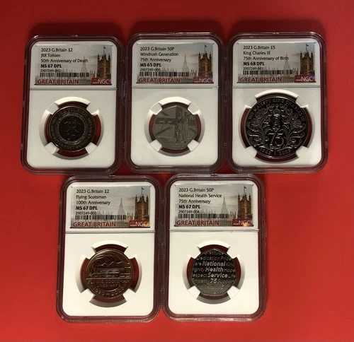 2023年-イギリス-未流通コイン5枚セット、NGC MS 65-68 でグレード評価。
