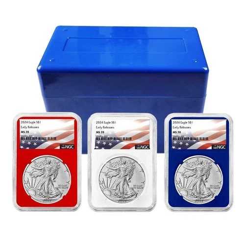 2024年 1ドル アメリカン シルバー イーグル 3点セット NGC MS70 ER 旗ラベル 赤 白 青