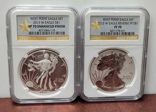 2013年 W リバースプルーフ シルバーイーグル NGC PF70 & エンハンスト SP70 2枚セット ウェストポイント