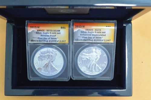 2013-W シルバーイーグル 2枚セット ANACS EU70/RP70 エンハンスド/リバース 初日発行
