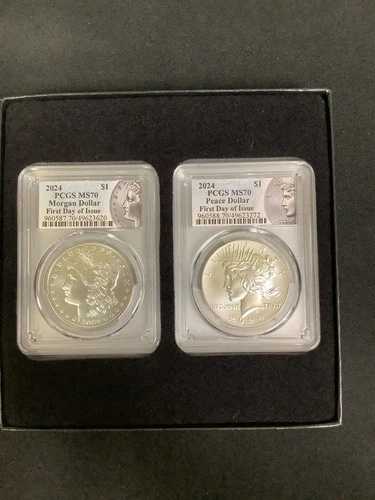 2024年 1ドル モルガン＆ピースドル 2枚セット PCGS MS70 発行初日 箱付き