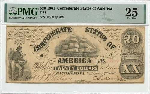 1861年 $20 アメリカ連合国 T-18 CSA PMG VF25
