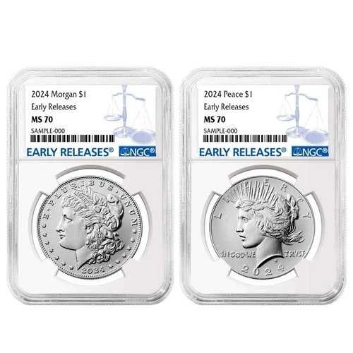 2枚セット - 2024年 1ドル モルガン＆ピース銀貨 NGC MS70 ER ブルーラベル