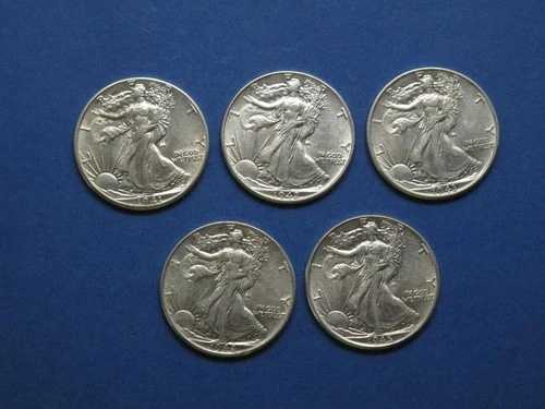 1941-1945年ウォーキング・リバティ・ハーフダラー5枚セット - 90%銀貨 - UNC/AU+
