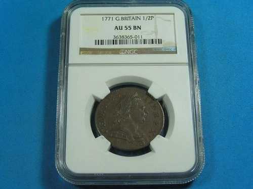 英国 1/2 ペニー硬貨 1771年 NGC AU55 BN、ジョージ 3 世 KM-601｜WORLD RESOURCE【QUEEN店】 98,010円