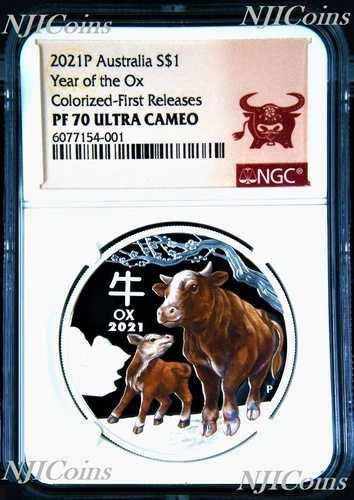 2021年 オーストラリア プルーフ カラーシルバー 丑年 NGC PF70 1オンス コイン FR