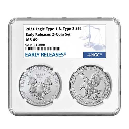 2021年 1ドルタイプ1＆タイプ2シルバーイーグルセット NGC MS69 ER ブルーラベル 137,500円