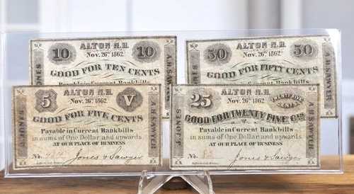 1862年 アルトン NH ジョーンズ＆ソーヤー マーチャント スクリップ フルセット - 5セント、10セント、25セント、50セント -