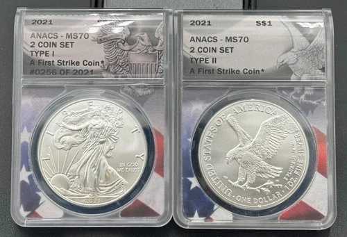2021年 1ドル 1オンス アメリカンシルバーイーグル 2枚セット タイプ1&2 ANACS MS 70、フラッグコア