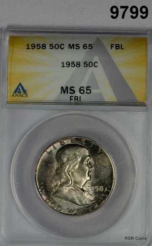 1958年 フランクリンハーフドル ANACS認定 MS65 FBL ミントセットカラー！ #9799-