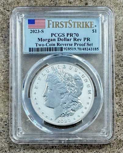 2023-S 1ドル銀モルガンドル PCGS Rev PR70 FS フラッグラベル リバースプルーフコイン