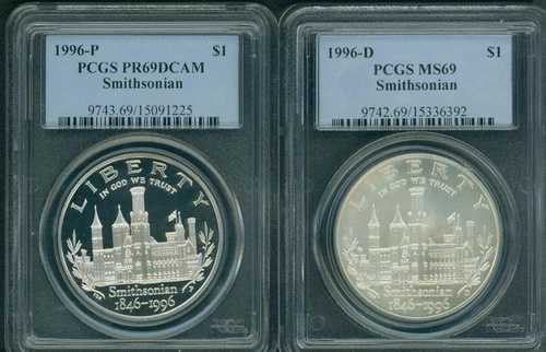 1996-P & 1996-D スミソニアン シルバー ドル PCGS MS69 & PF69 PR69 2 コイン セット!!!