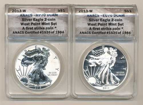 2013年ウェストポイント シルバーイーグルコイン2枚セット ANACS PR70 プルーフ70