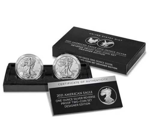 2021 1オンス アメリカン シルバー イーグル リバース プルーフ コイン 2枚セット (ボックス/COA)。